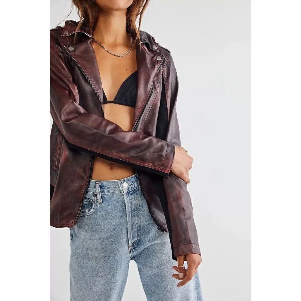 NWT FREE PEOPLE X JAKETT Sz S HANNAH LEATHER JACKET WINE